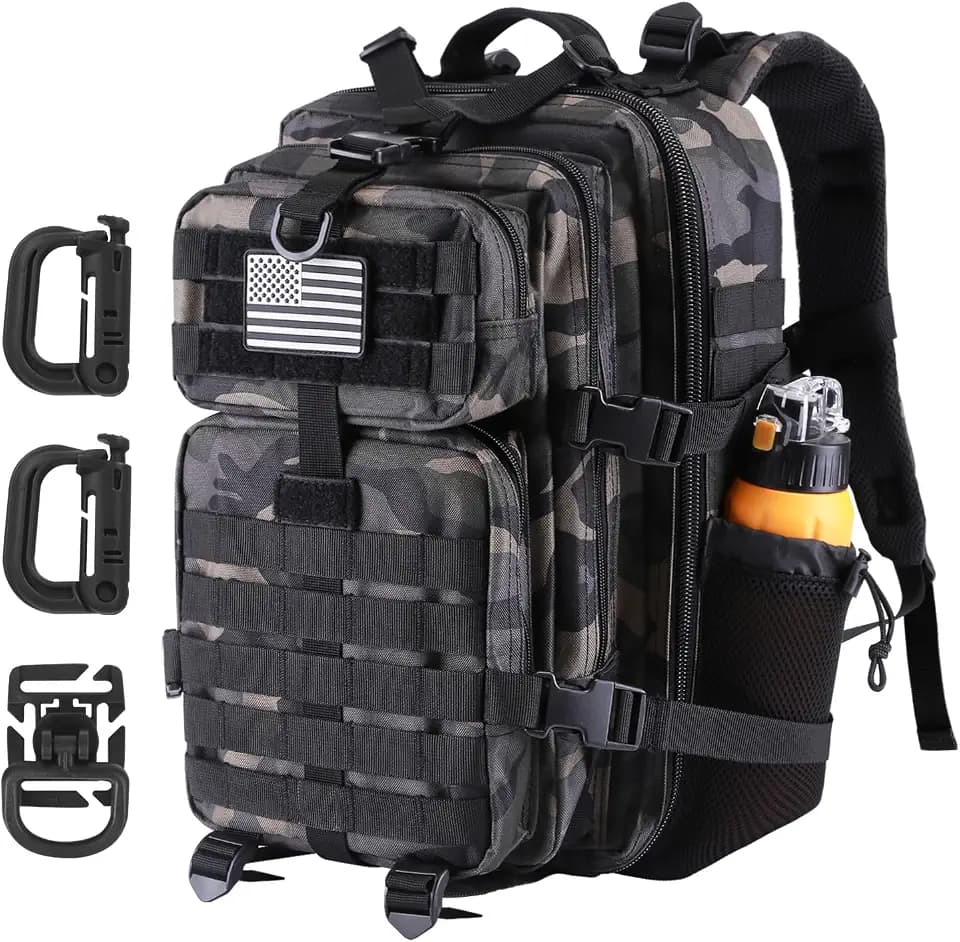 Hannibal Tactical 30L MOLLE Assault Pack, Tactical Backpack Military Army Camping Rucksack with Bottle Holder, 3-Day Pack, Black Camo