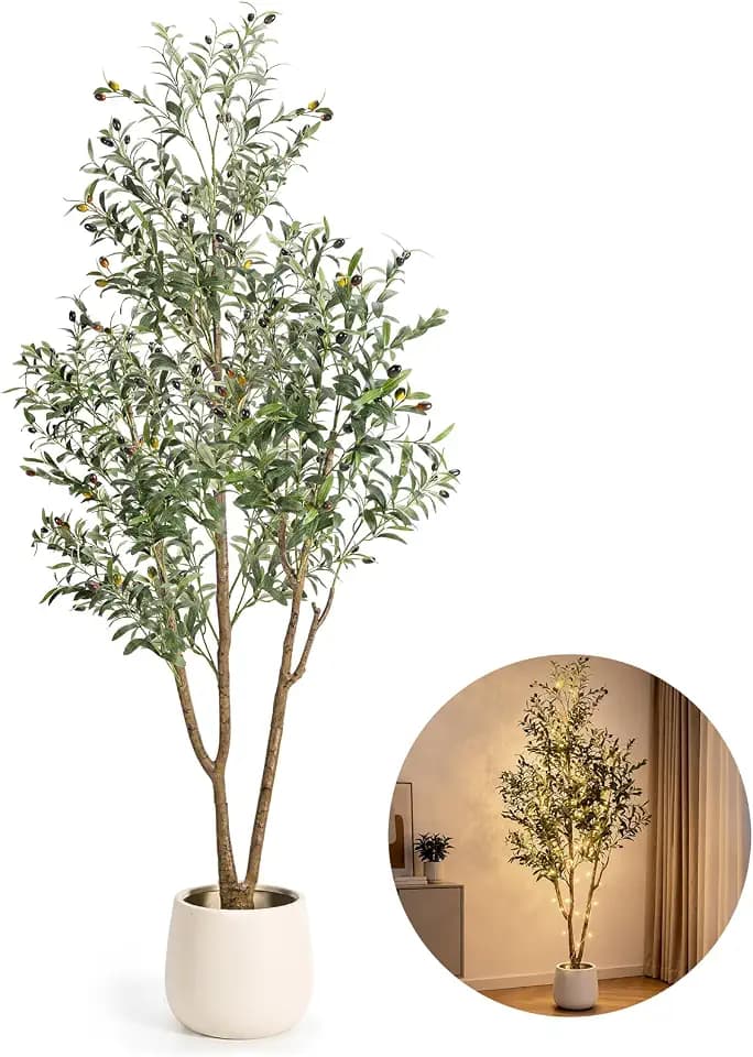 7FT Artificial Olive Tree with Lights & Planter, Tall Faux Olive Plant