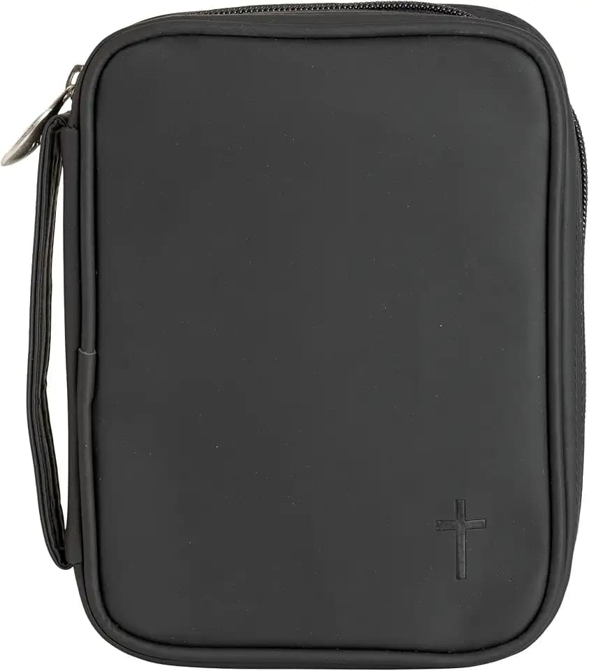 Matte Black Stitched Cross 8 x 6 Fabric Zippered Bible Cover Case with Handle, Compact