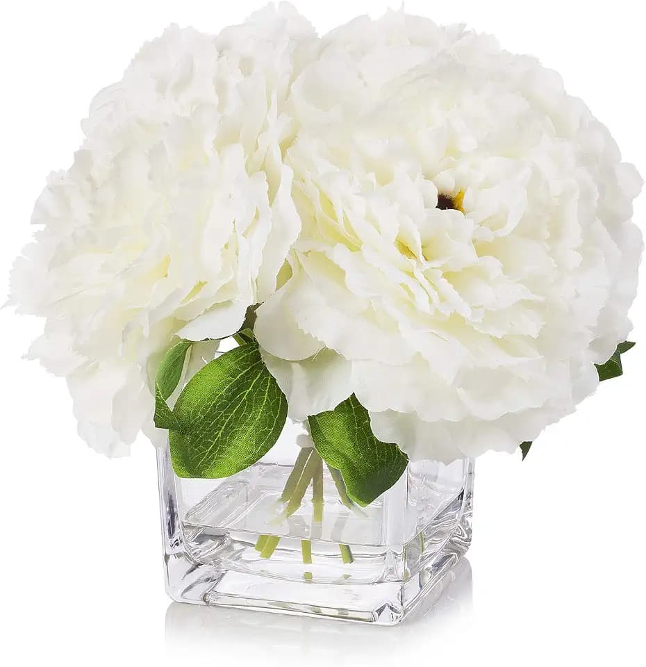Silk Peony Flowers Arrangements in Cube Glass Vase with Faux Water for Home Table Wedding Centerpiece Decoration (Cream)