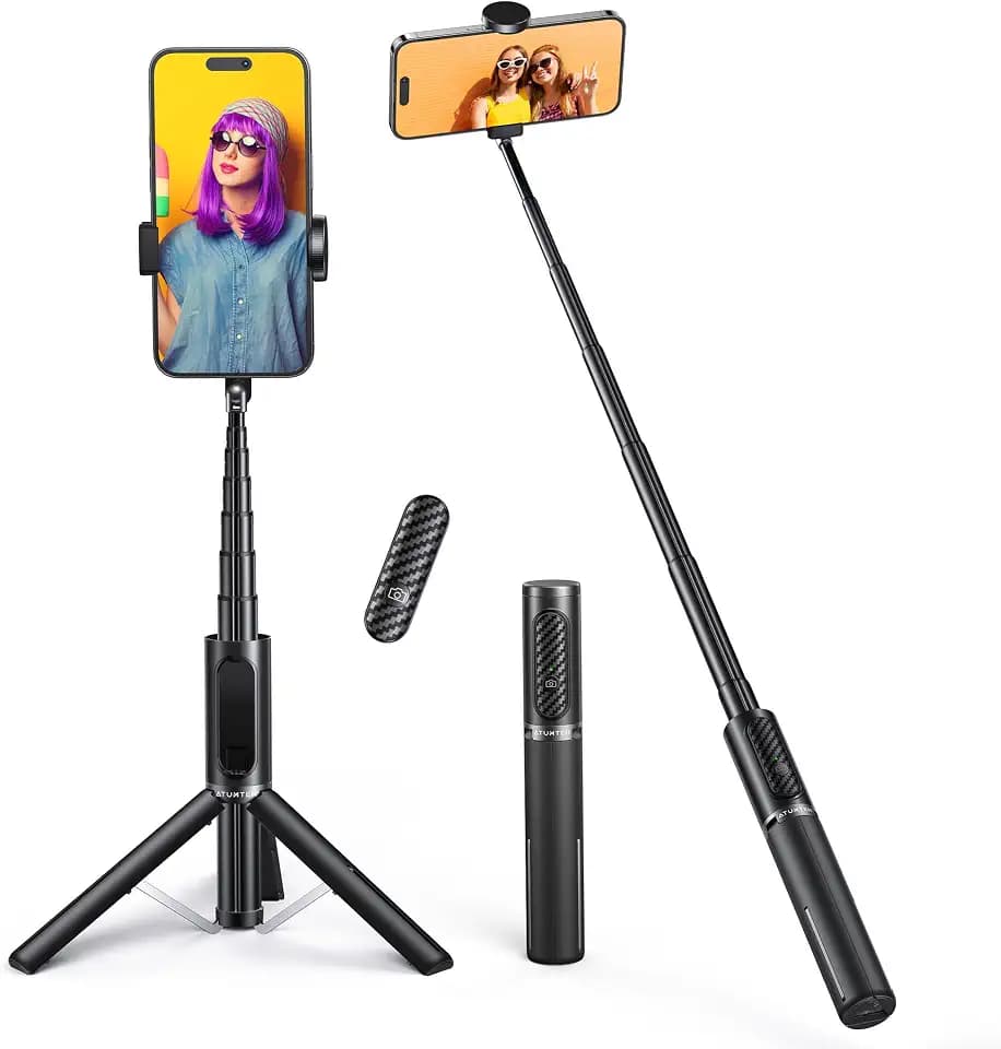 ATUMTEK Selfie Stick Stativ, 3-in-1 Ausziehbares Aluminium Handy Stativ mit kabelloser Bluetooth-Fernbedienung, Kompatibel mit iPhone 17/16/15/14/13/12 mini/11 Pro und Samsung Smartphones, Schwarz