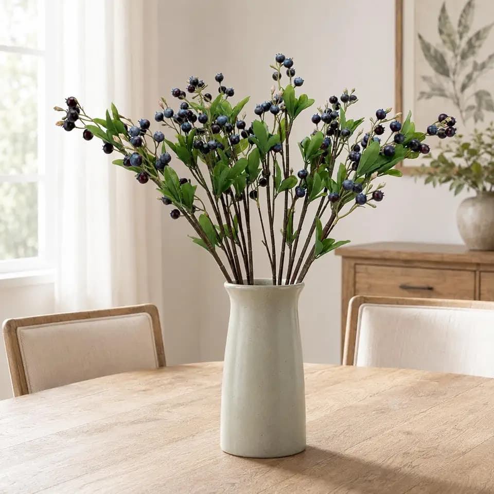 4 Pcs 28.3 inch Artificial Blueberries Stem with Green Leaves, Artificial Stems Blueberry Picks Fruit Fake Silk Flowers for Centerpieces Farmhouse Holiday Party Wedding Decor