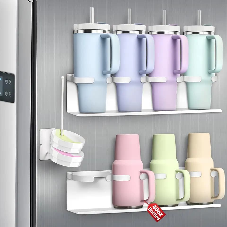 Magnetic Cup Holder for Fridge,8 Cups Water Bottle Organizer for Stanley 30 40 oz with Tumbler Lid Organizer,High Capacity Heavy Duty Kitchen Storage Rack Accessories