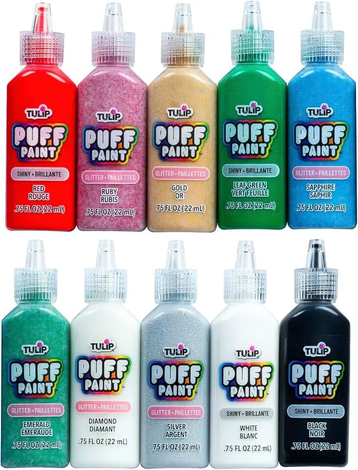 Tulip Glitter Puff Paint Pack, Permanent Multi-Surface Craft Paint for Drawing, Marbling, Hand Lettering or Dot Art Techniques, Use on Fabrics, Decor, Rock Painting, Egg Painting, Ornaments, 10 Colors