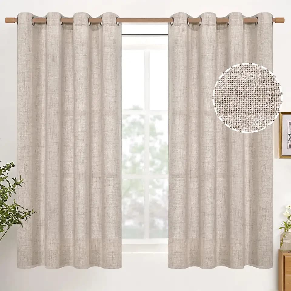 YoungsTex Natural Linen Curtains 45 Inch Length for Short Window Linen Textured Curtains with Bronze Grommet Light Filtering Drapes for Kitchen Small Window, 2 Panels, 52 X 45 Inch