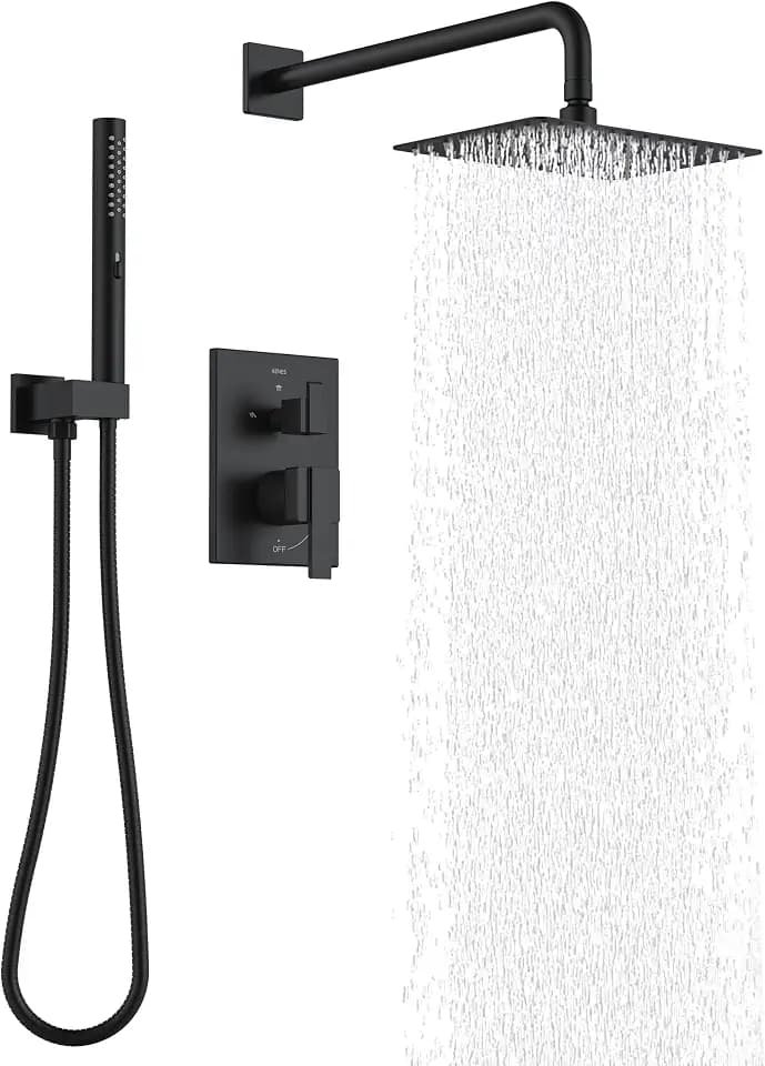 KENES Matte Black Square Rainfall Shower System Faucet Set with Handheld