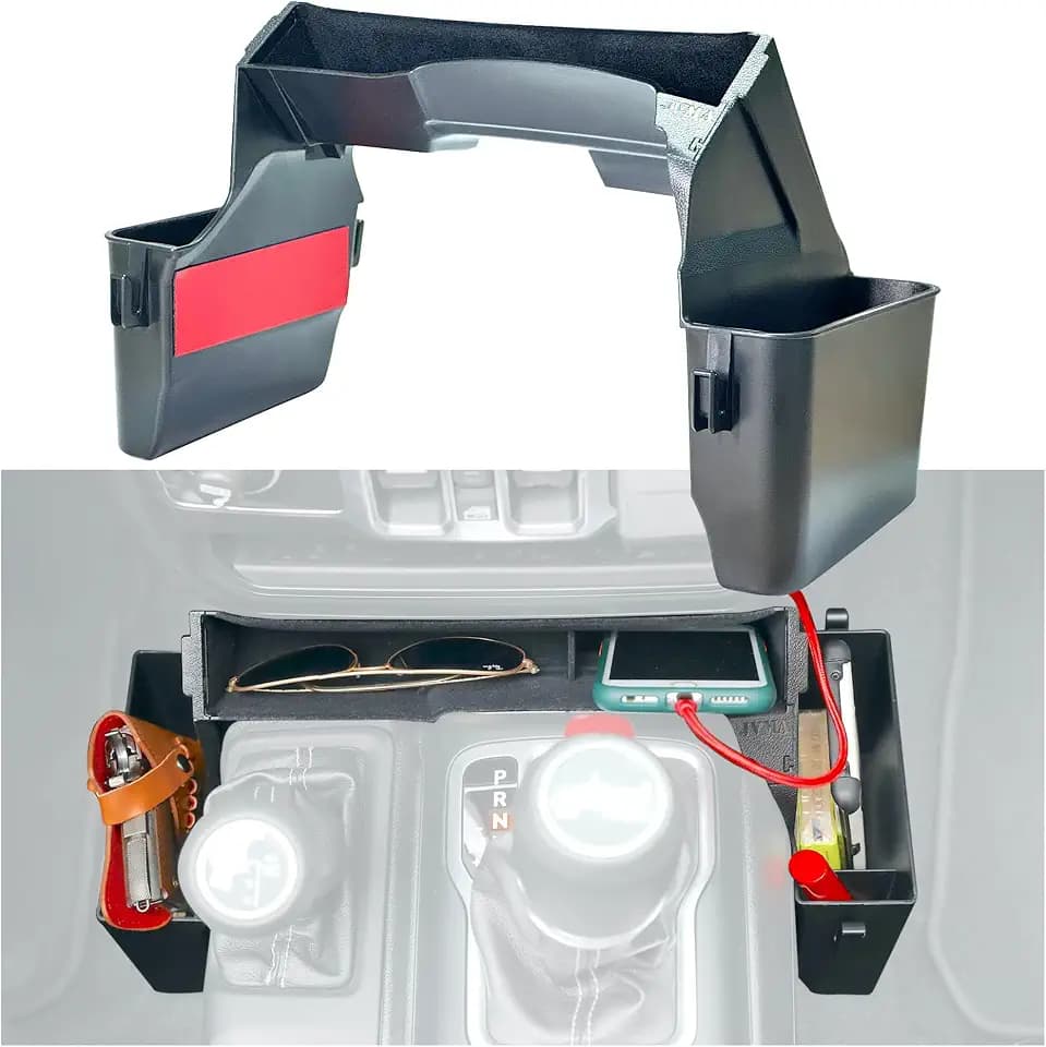 JVMA Center Console Gear Shift Organizer Tray für Jeep Gladiator Zubehör und Jeep Wrangler JL JLU 2025 2024 2023 2022-2018 Rubicon Sahara 4xe Aufbewahrungsbox, Auto-Müllbeutel-Haken, Innenraum
