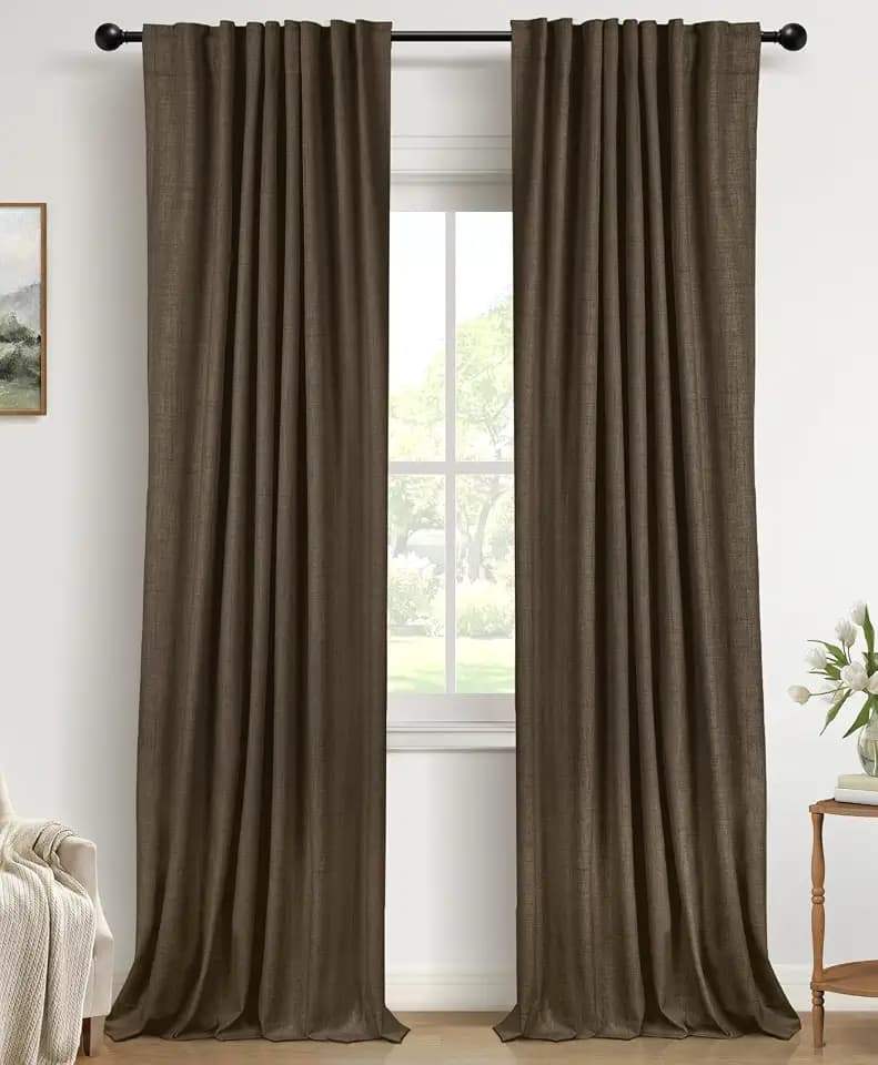 Faux Linen Total Blackout Curtains for Bedroom 84 Inches Long, Dark Brown