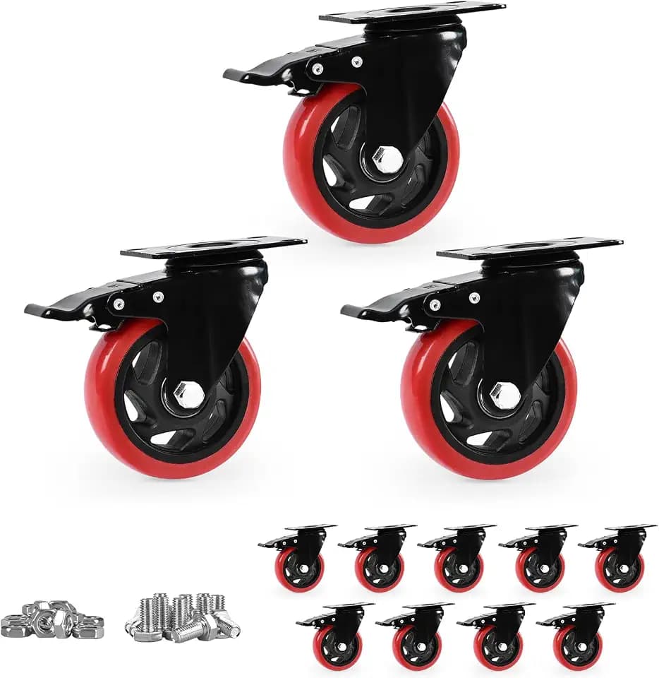 Caster Wheels,4 Inch Heavy Duty Casters with Brake,Set of 12,Red