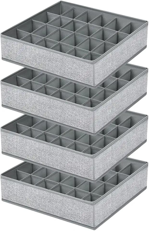 Sock Organizer 4 Pack, Foldable Underwear Drawer Organizer - 24 Cell for Socks, Handkerchiefs, Ties, Belts (Gray)
