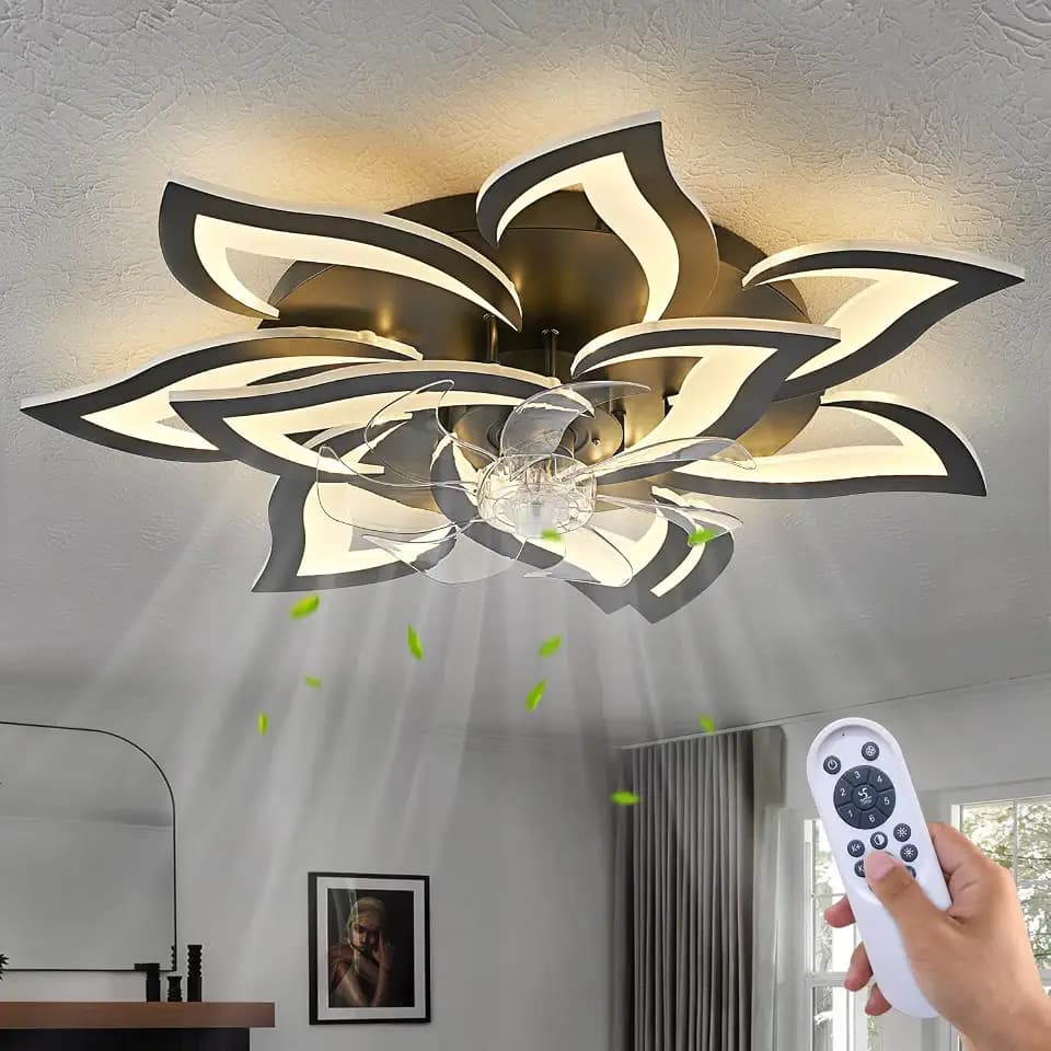 Dalouguan Modern Ceiling Fan with Lights Remote Control, 32" Black 6 Speeds 3 Light Color Low Profile Flush Mount Ceiling Fan for Kitchen Bedroom
