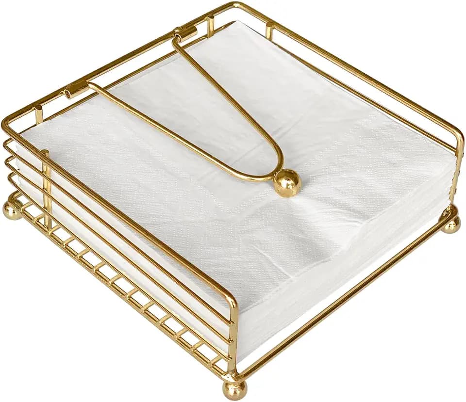 hiwafifi Napkin Holder for Table, Flat Napkin Dispenser with Weighted Arm, Square Cocktail Paper Holder of Elegant Rustic Iron for Kitchen Dining Room Decor Restaurant Farmhouse Hotel Party, Gold