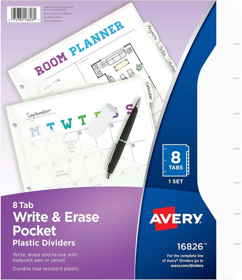 Avery Write & Erase Dividers, 8-Tab, Slash Pocket, White, 1 Set