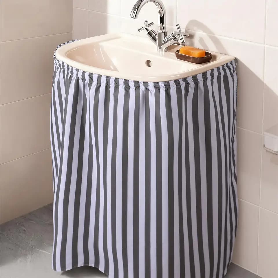 Hahafelt Fabric Sink Skirt 55"x32" Self-Adhesive Cabinet Skirt, Stripe