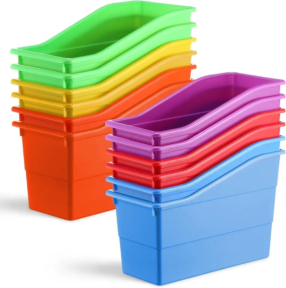 Affrolling 12 Packs Book Bins for Classroom Plastic Book Binder Holders Vertical Organizer Baskets Storage Boxes for Classroom Library Home Office Organization Stationery Supplies (Bright Colors)