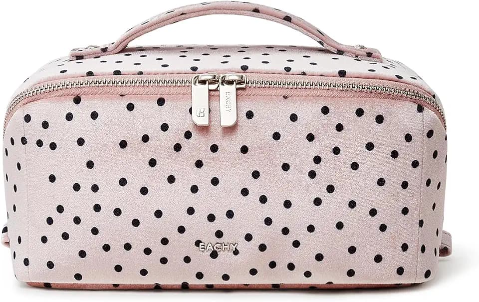 EACHY Travel Makeup Bag for Women, Large Capacity Travel Cosmetic Bag, Polka Dot Wide-Open Makeup Organizer with Waterproof Lining, Cute Portable Toiletry Bag for Daily Use