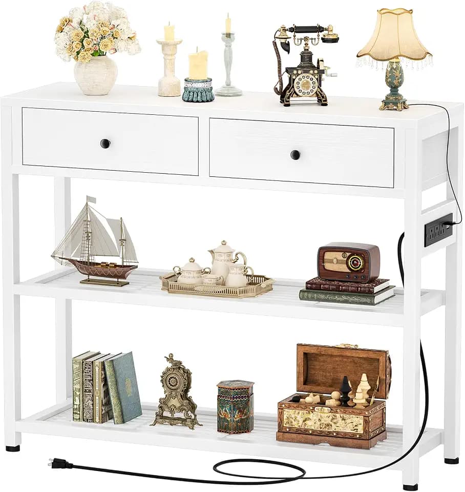 Ecoprsio Entryway Table with Outlets and USB Ports, Console Table with 2 Drawers, Small Sofa Table with Storage Shelves for Living Room, Couch, Hallway, Foyer, Kitchen Counter, 32'', White