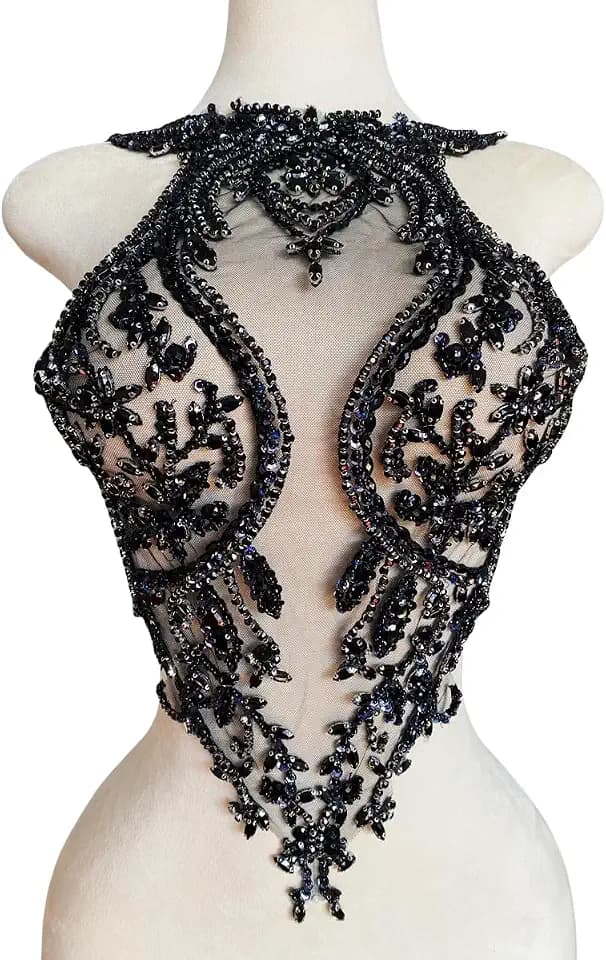 Handmade Rhinestones lace Applique sew on Beads Sequins Trim Patches Accessories for Girl Dress Clothing 13.7X23inches (Black)