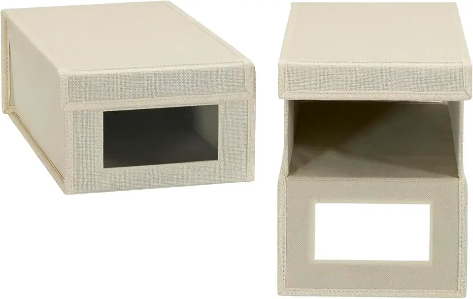 Household Essentials Small Drop Front Shoe Box with Clear Front Panel, Sturdy Poly‑Blended Linen, Cream Finish, Set of 2