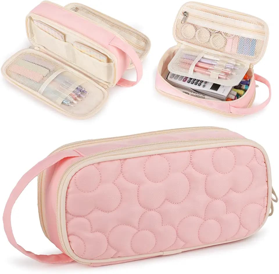 Quilted Pencil Case Bag Large,2 Compartment Pen Pouch with Handle for Girls