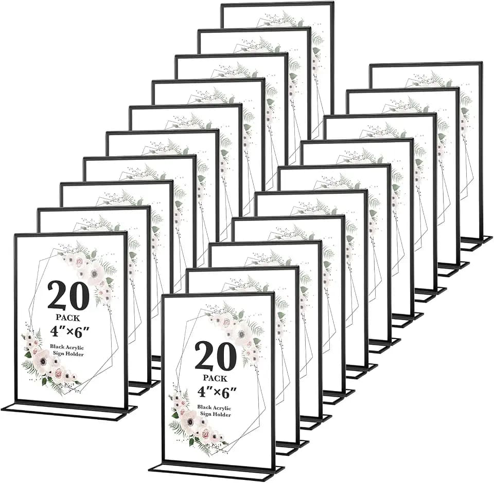 20 Pack Acrylic Sign Holders 4x6 Inch Wedding Table Numbers Frames Black
