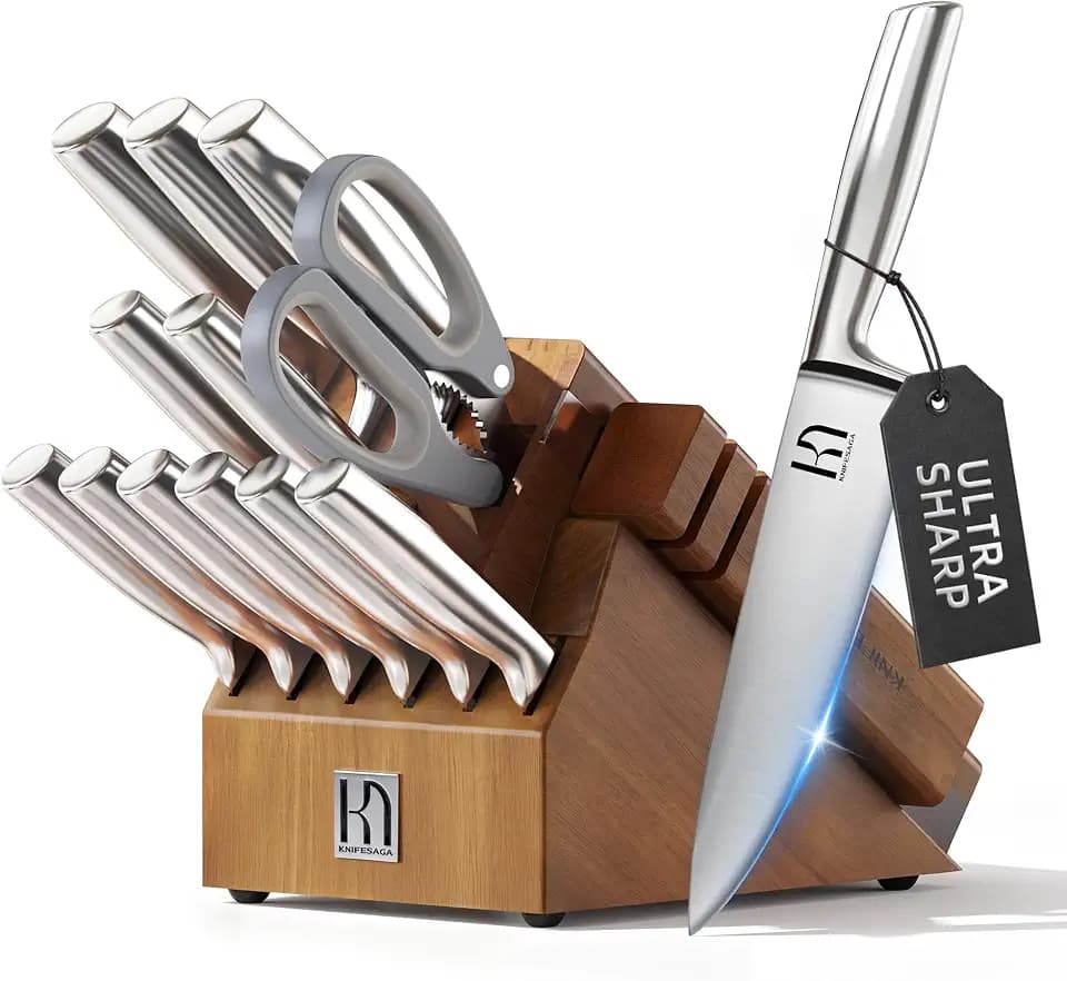 KnifeSaga 14-Piece Knife Set with Block and Detachable 2-Stage Sharpener