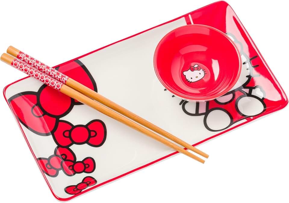 Silver Buffalo Sanrio Hello Kitty Red White Bow, Ceramic Sushi Set