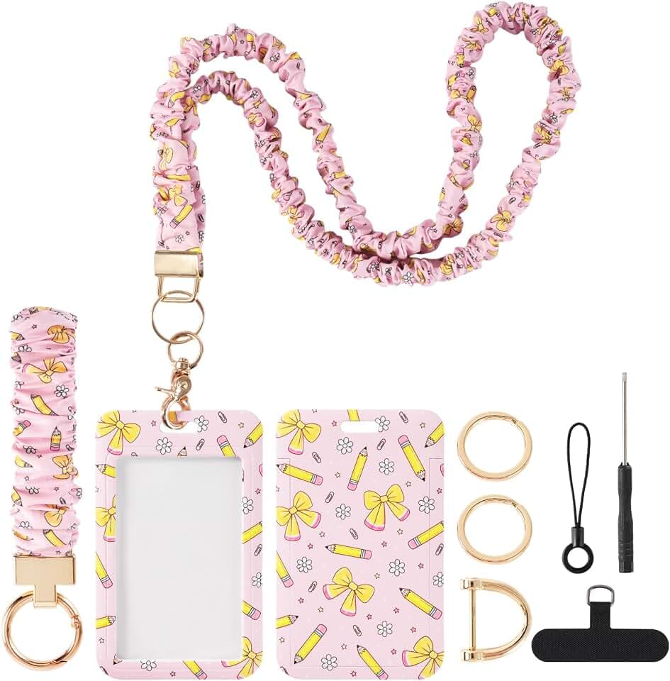 Pencil Bow Scrunchie Lanyard with ID Holder & Keychain Wristlet