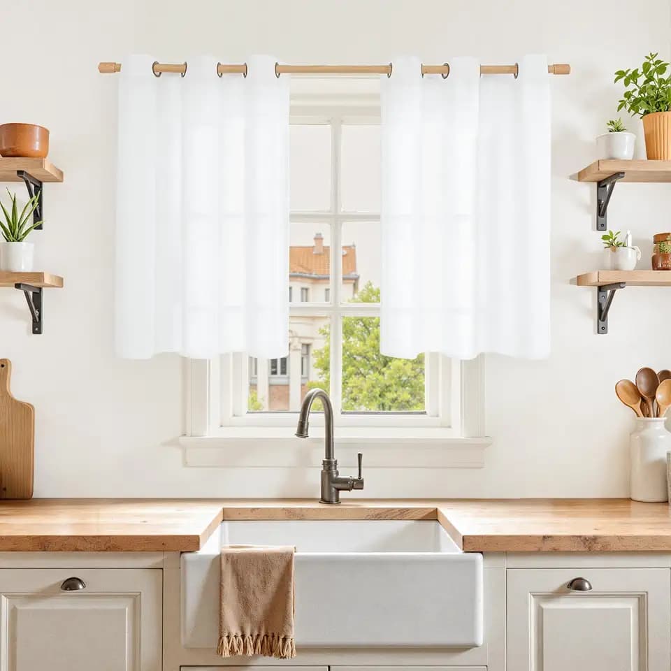White Linen Semi Sheer Curtains 36 Inch Length for Kitchen Window 2 Panels