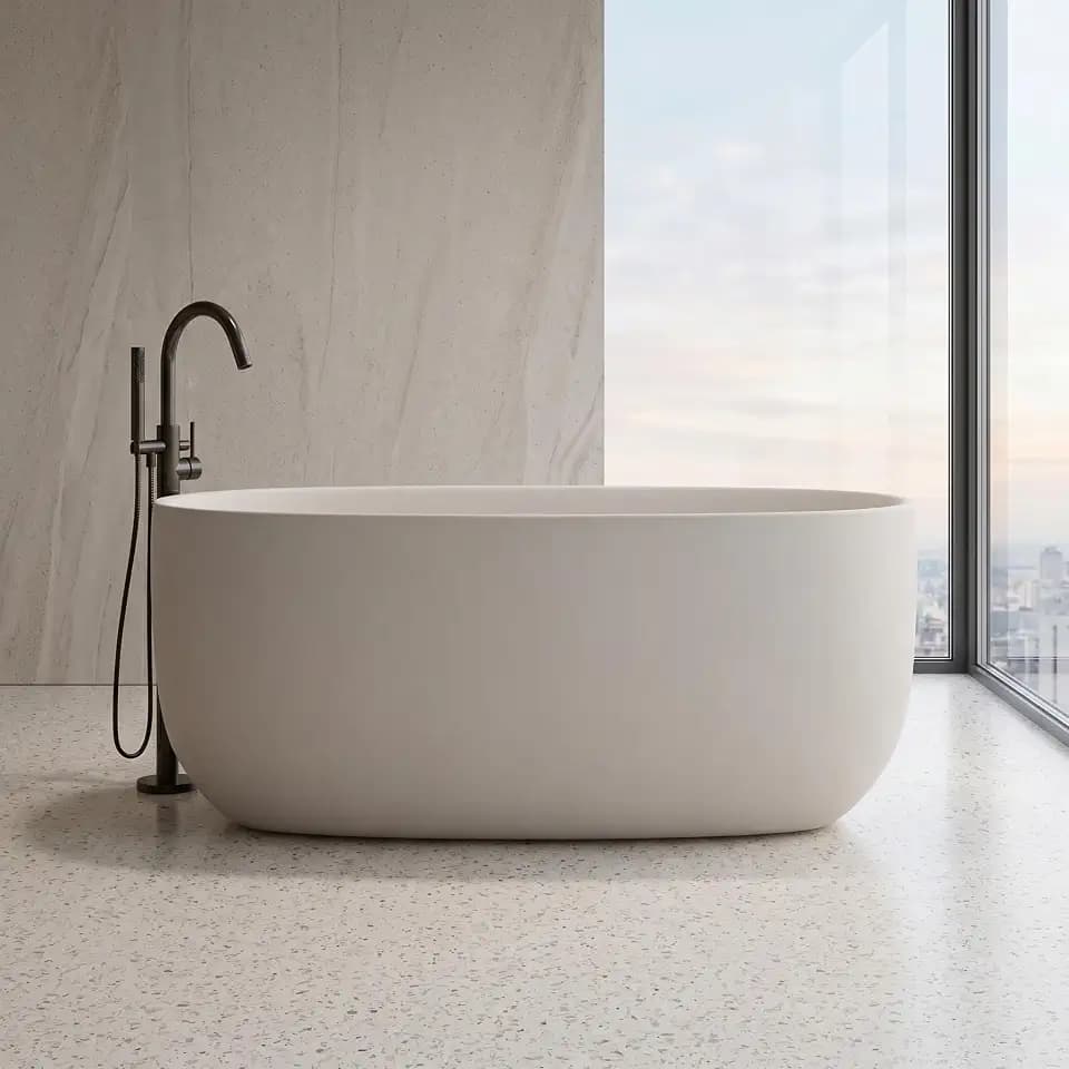 51'' Freestanding Bathtub, Resin Stone Soaking Bathtub with Overflow and Pop-Up Drain, Solid Surface Modern Bathroom Tub for Small Spaces Bathroom, Apartment, Condo and Home, Beige