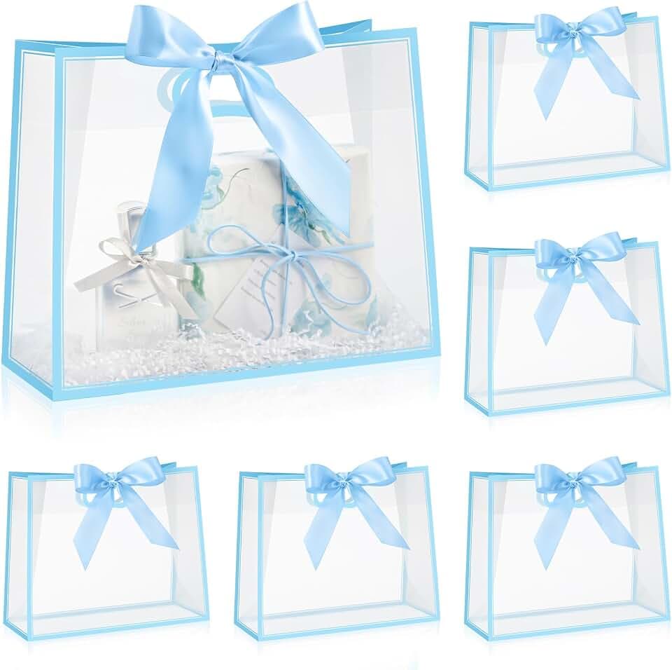 Ohuimrt 12" Clear Plastic Gift Bags with Handles, 12 Pack, Sky Blue
