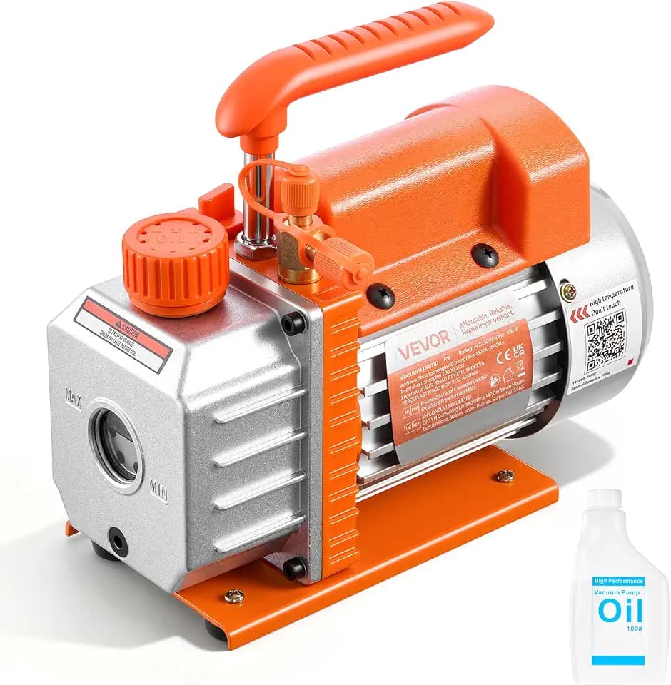 VEVOR Vakuumpumpe, 3,5 CFM 99 L/min, 1-stufig, 180 W geeignet für R134a-, R22- und R410a-Systeme, 4-poliger Motor, für die Wartung von Kfz-Klimaanlagen & die Entgasung von Harzen, inkl. Öl.
