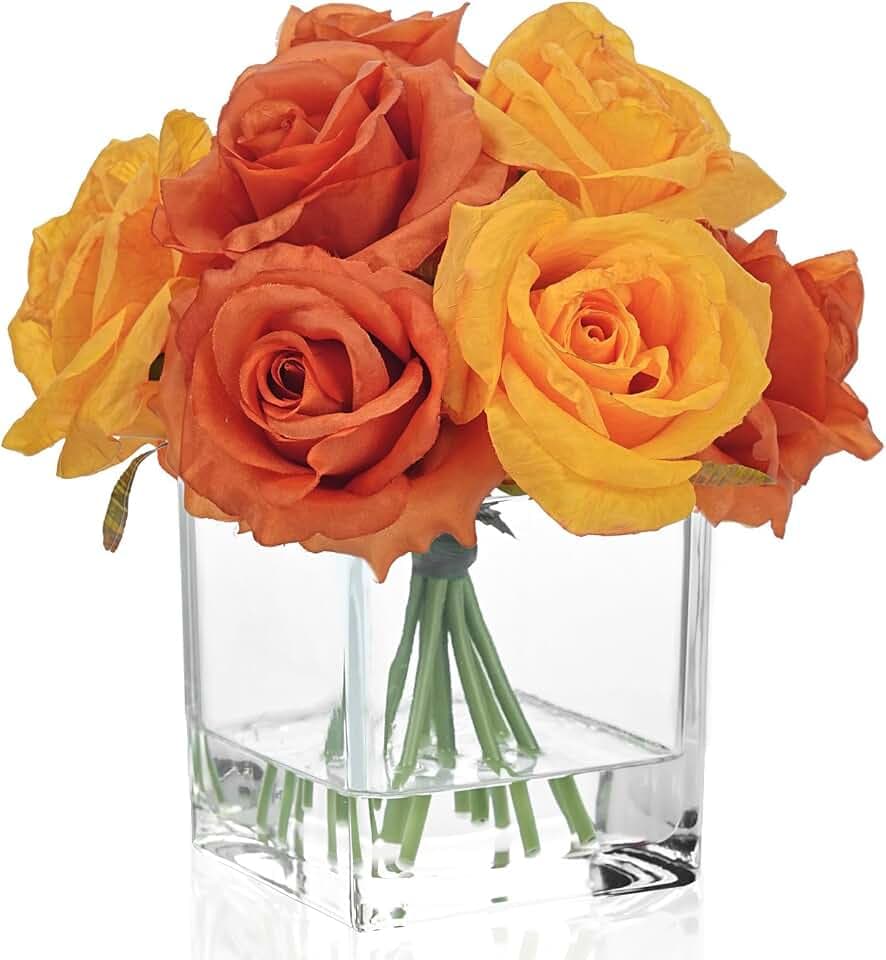 WELL KNOWN Artificial Flowers in Vase with Faux Water, Orange Yellow Rose