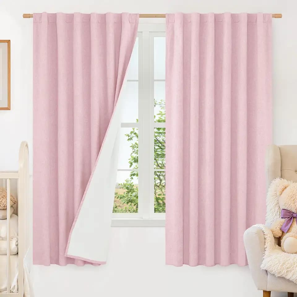 LAMIT 100% Blackout Pink Linen Curtains 63 Inches for Bedroom 2 Panels
