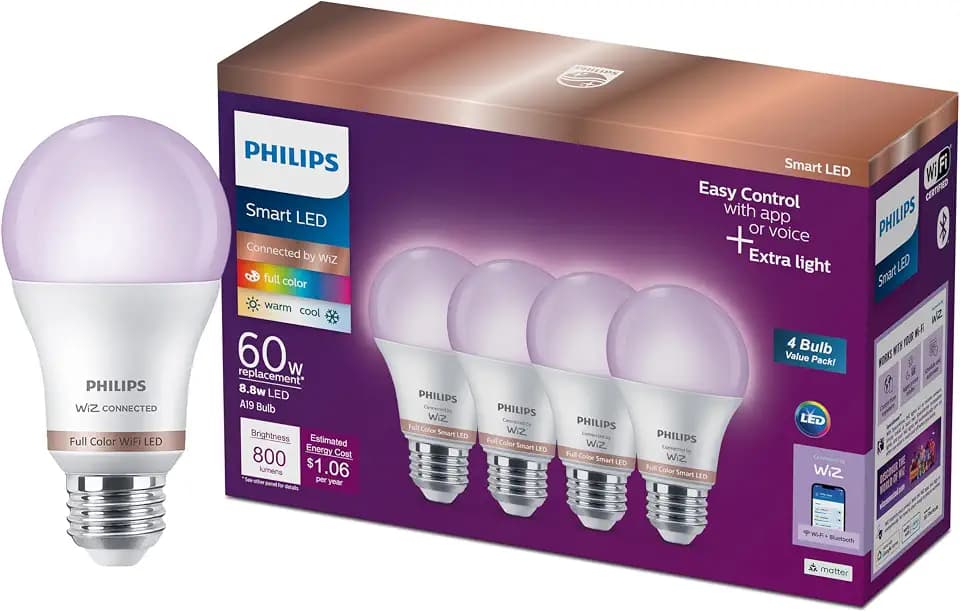 PHILIPS Smart Lighting Connected Light Bulbs, 4-Pack, Color A19 60W 800LM E26 Indoor LED Lights, Smart Bulbs with Motion Detection, Control with Voice or App