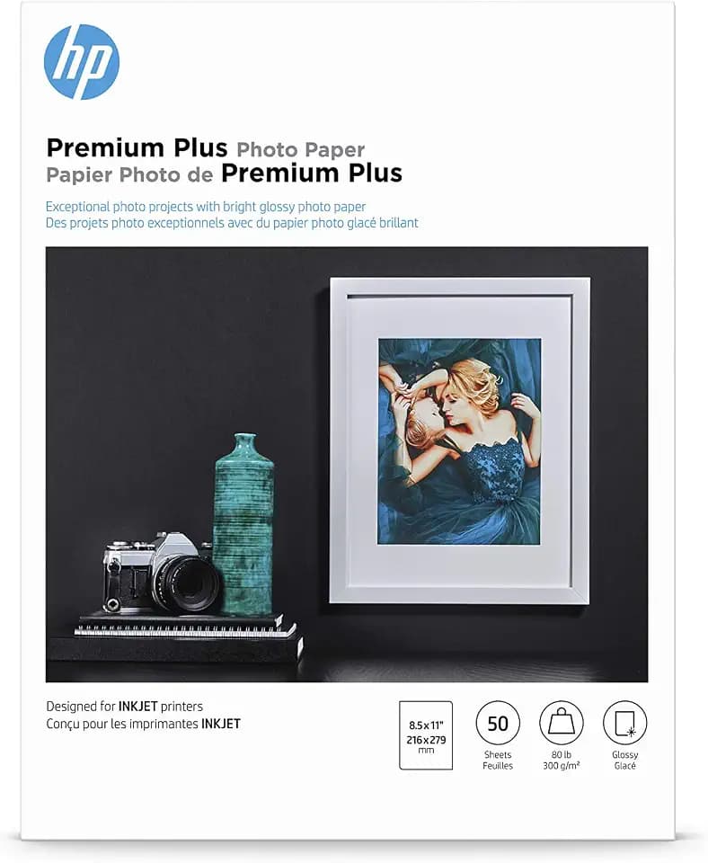 HP Premium Plus Photo Paper - Designed for HP Inkjet Printers, Glossy, 8.5x11 in, 50 sheets - (Pack of 1), (CR664A) White