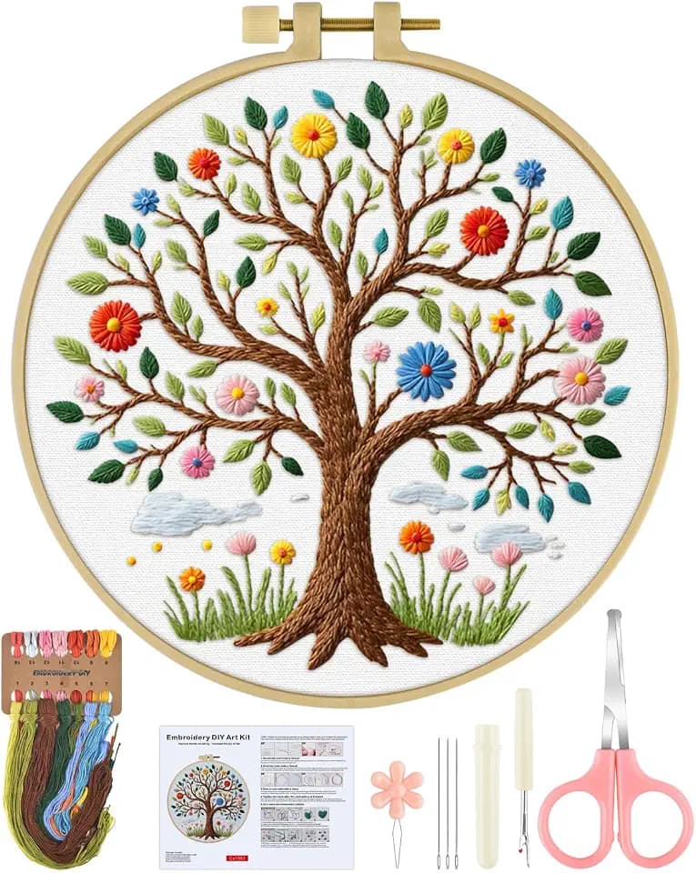 ERKOON Embroidery Kit for Beginners Adult, Cross Stitch Set Include Embroidery Cloth Hoops Threads for Craft Lover Hand Stitch with Embroidery Skill Techniques (Tree)