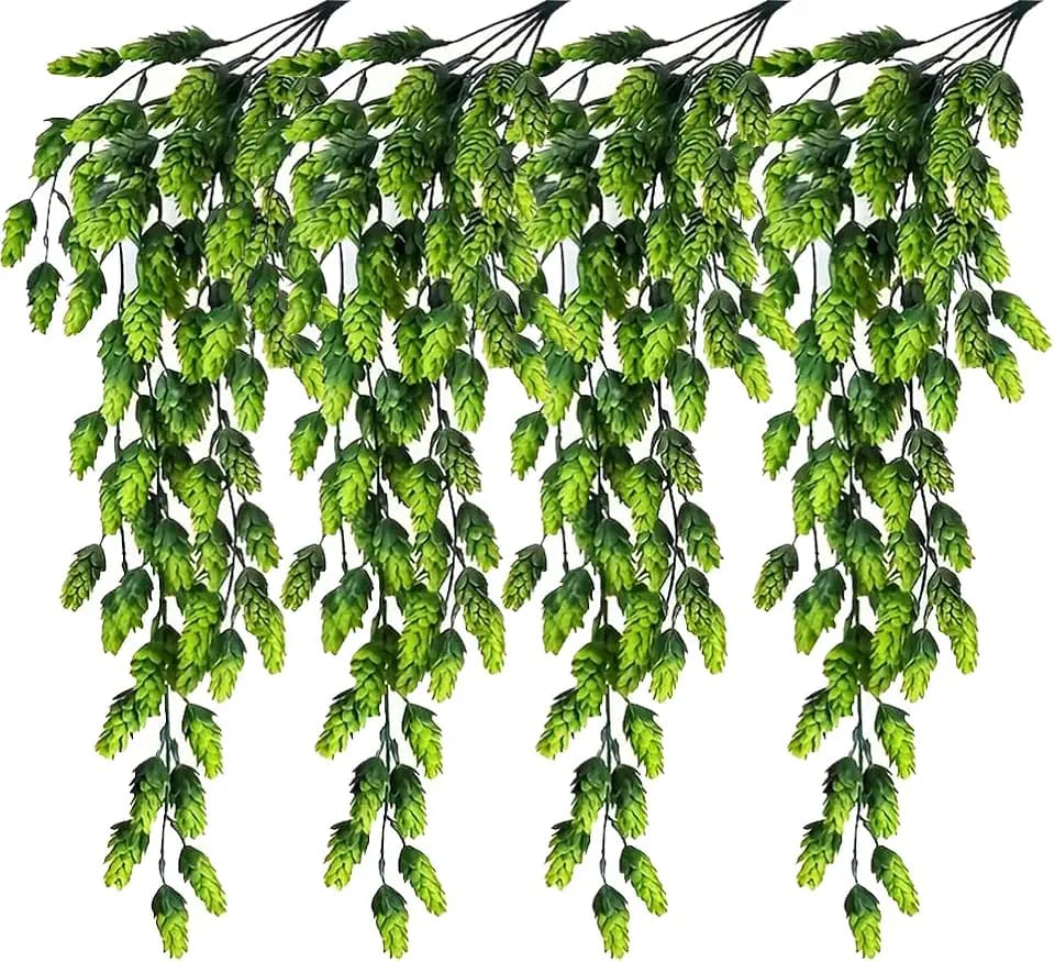 4Pcs Artificial Fake Flowers Hops Plants 27.5In Realistic Faux Plastic Greenery Hanging Plant Vines for Home Wall Garden Wedding Party Outdoor Balcony Decoration (Green)
