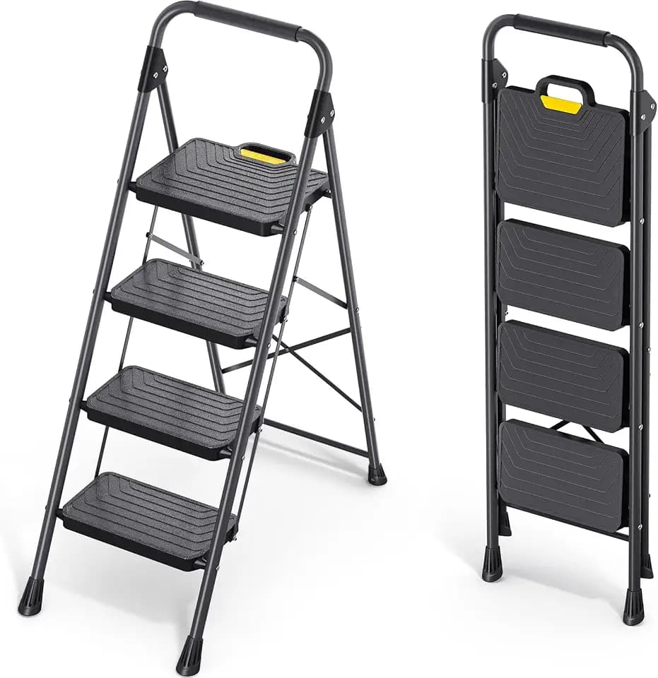 KINGRACK 4 Step Ladder, Sturdy Steel Step Stool with Anti-Slip Wide Pedals