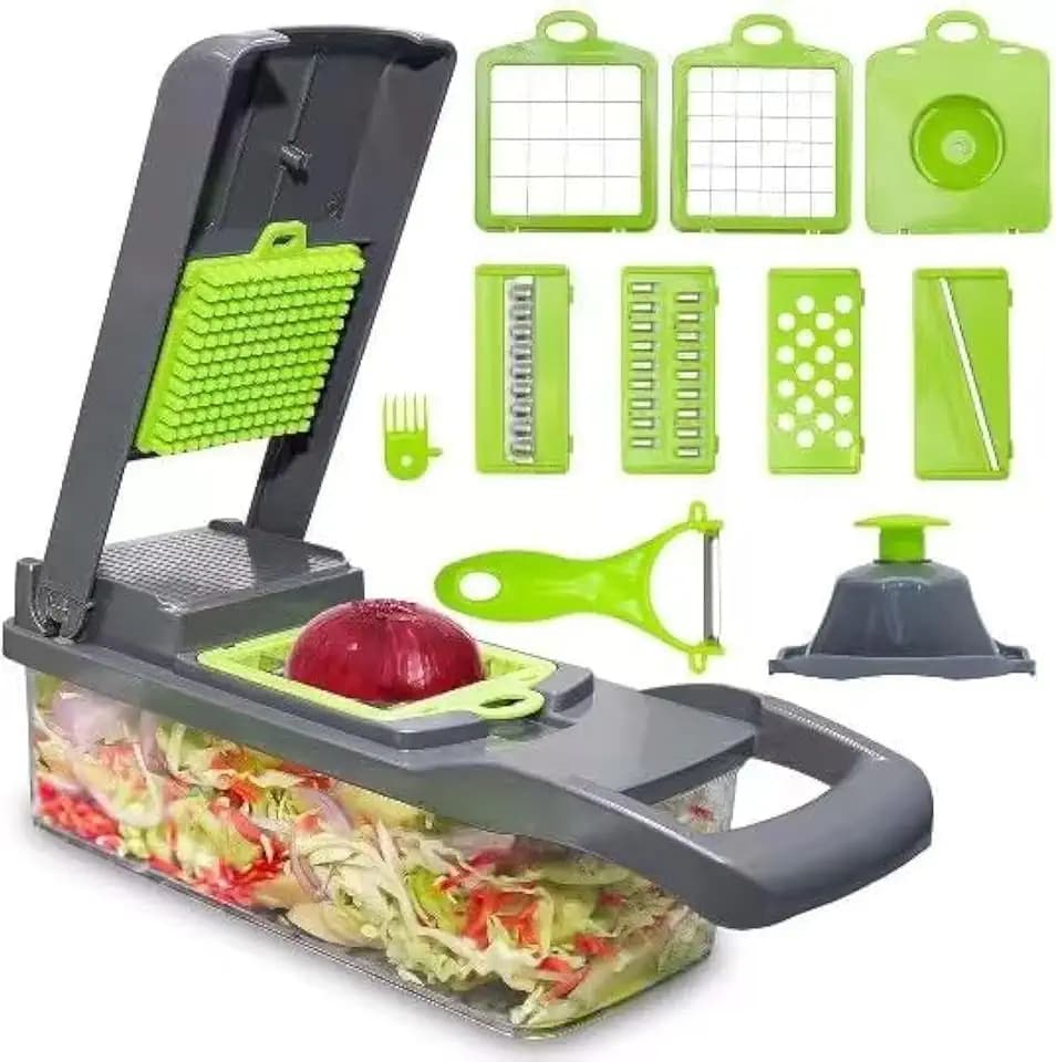 Vegetable Chopper: 16 in 1 Food Chopper - Onion Vegetable Slicer Cutter Dicer, Veggie Cutter with Container, 7 Blades, Kitchen Gadgets for Carrot Salad Garlic Potato Slicer (Grey)
