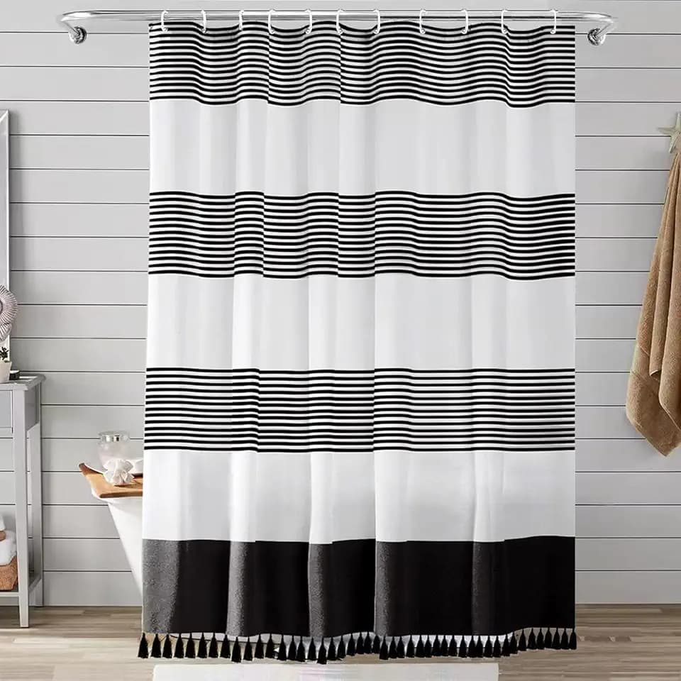 bufftieo Black Striped Tassel Shower Curtain 54" x 78" Boho Farmhouse