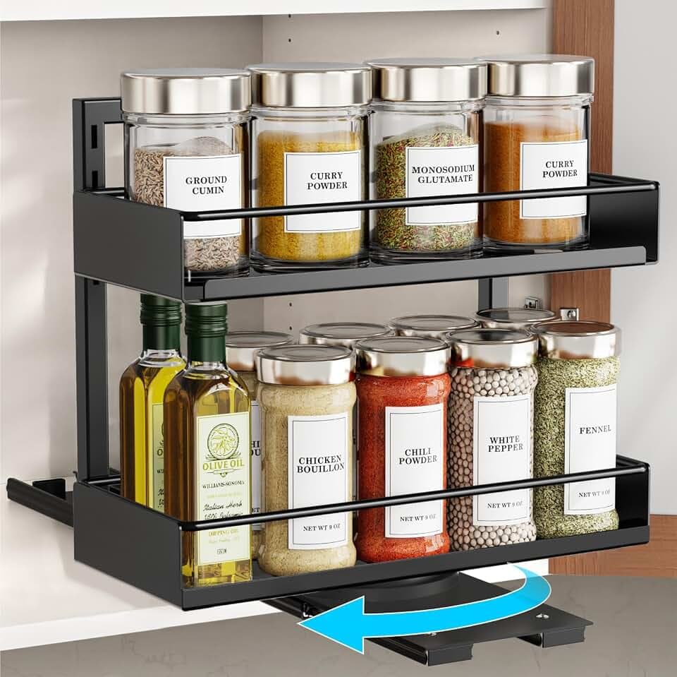 iSPECLE Vertical Spice Rack Pull Out - 1 Pack Rotate No-Drill Slide Out Spice Rack for Cabinet Swivel Easy Access Spices, Adjust Height for 4oz to 8oz Spice Jars Inside Kitchen Pantry Cabinet, Black