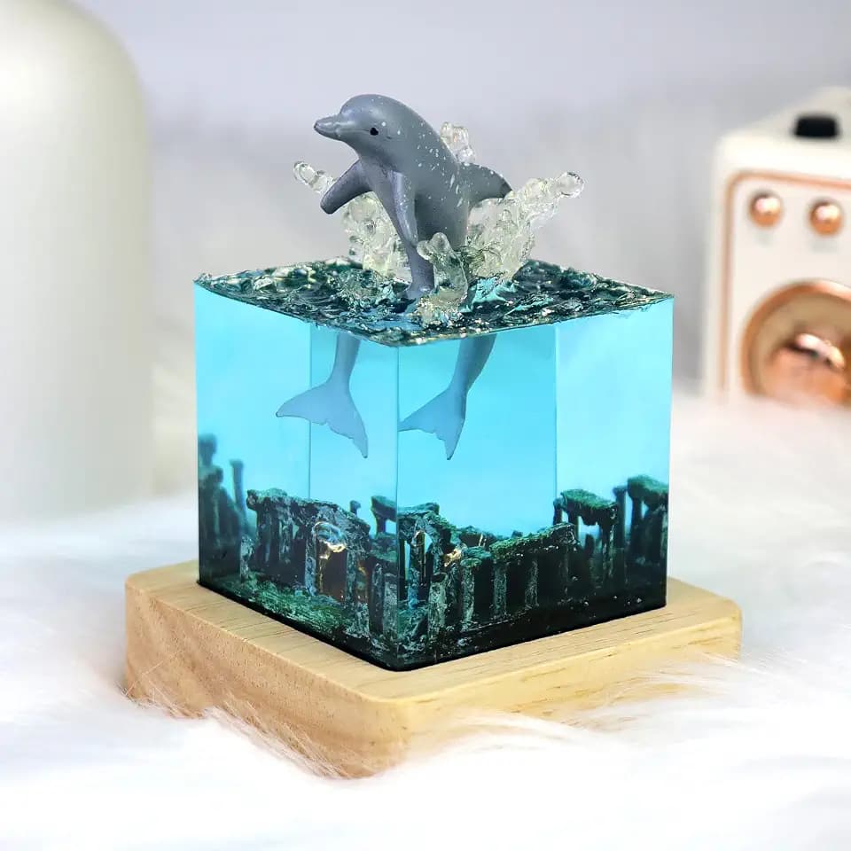 Handcrafted Dolphin Night Light Epoxy Resin Deep Sea Night Lamp Bedside Table Lamp with USB Stand Unique Home Decor Accent