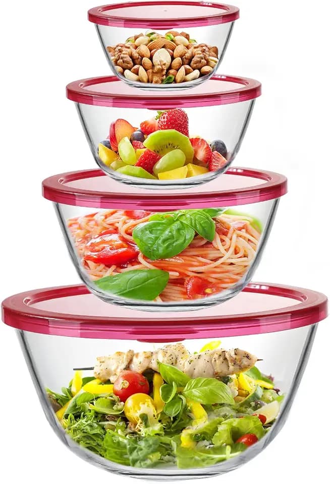 KOMUEE 4 Pack Glass Mixing Bowls Set with Lids (4.8QT, 2.9QT, 1.7QT, 0.8QT)