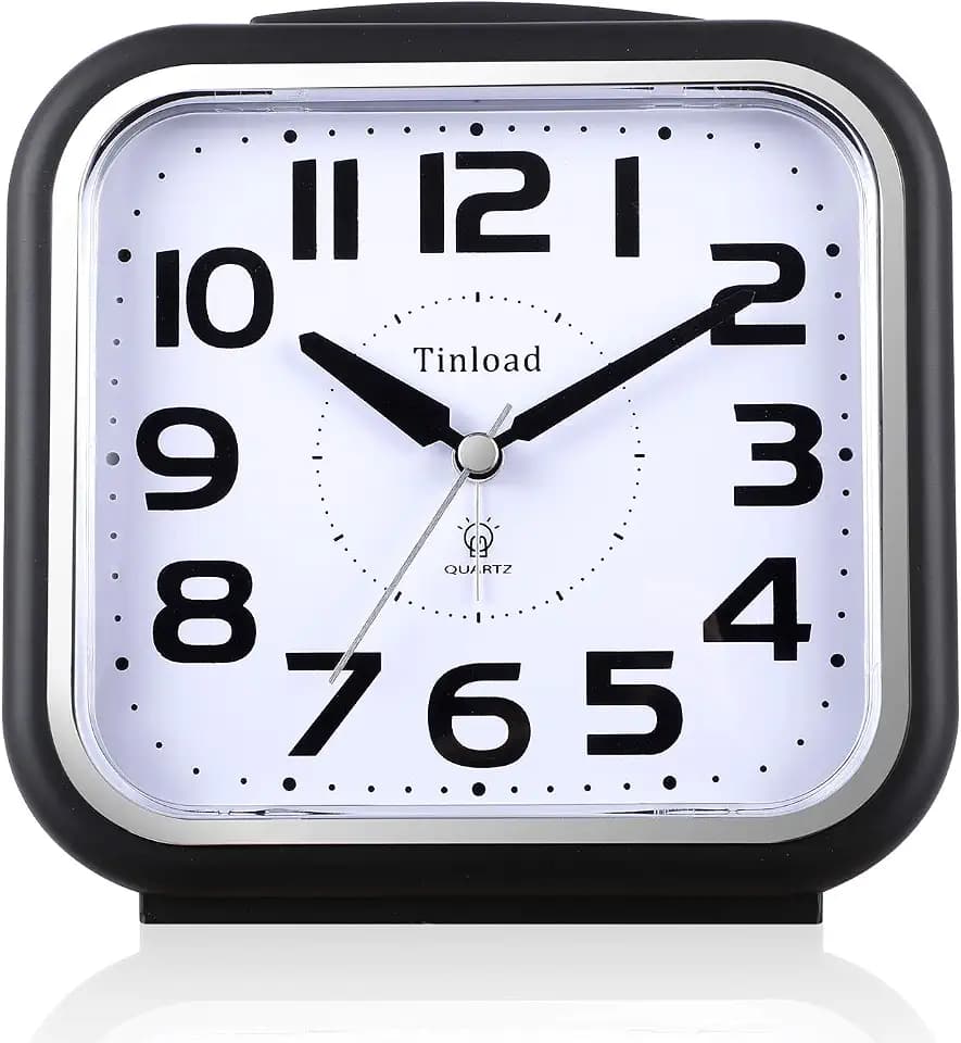 Tinload 5.5" Large Analog Alarm Clock Silent Non Ticking, Gentle Wake, Beep Sounds, Increasing Volume, Battery Operated Snooze and Manual Light, Easy Set, Black (Best for Elder)