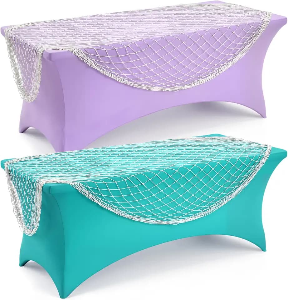 Breling 4 Pcs Fish Net Decorative and Mermaid Tablecloth Set Spandex Stretch Rectangular Table Cover for Mermaid Birthday Baby Shower Ocean Sea Party Decorations(Light Purple, Lake Blue,39" X 78")