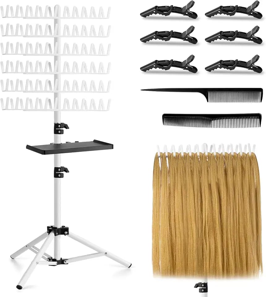 OLMRJKD Braiding Rack with Tray, 144 Pegs Height Adjustable, 2-side Hair Extension Holder, Hair Stand with Stylist Hair Braiding Tools for Salon, Home, Travel (White)