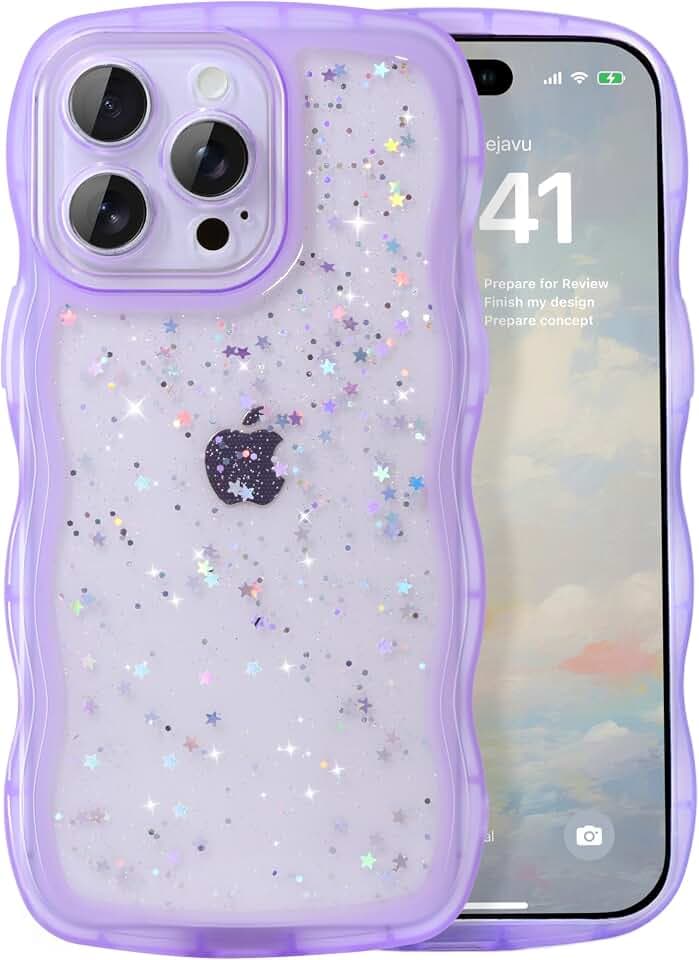 IAIYOXI Case for iPhone 12 - Curly Wave Edge Design, Bling Glitter Star Shiny Case, Cute Pink Clear Full Protection Soft TPU Shockproof Cover for Women and Girls (iPhone 12, Purple)