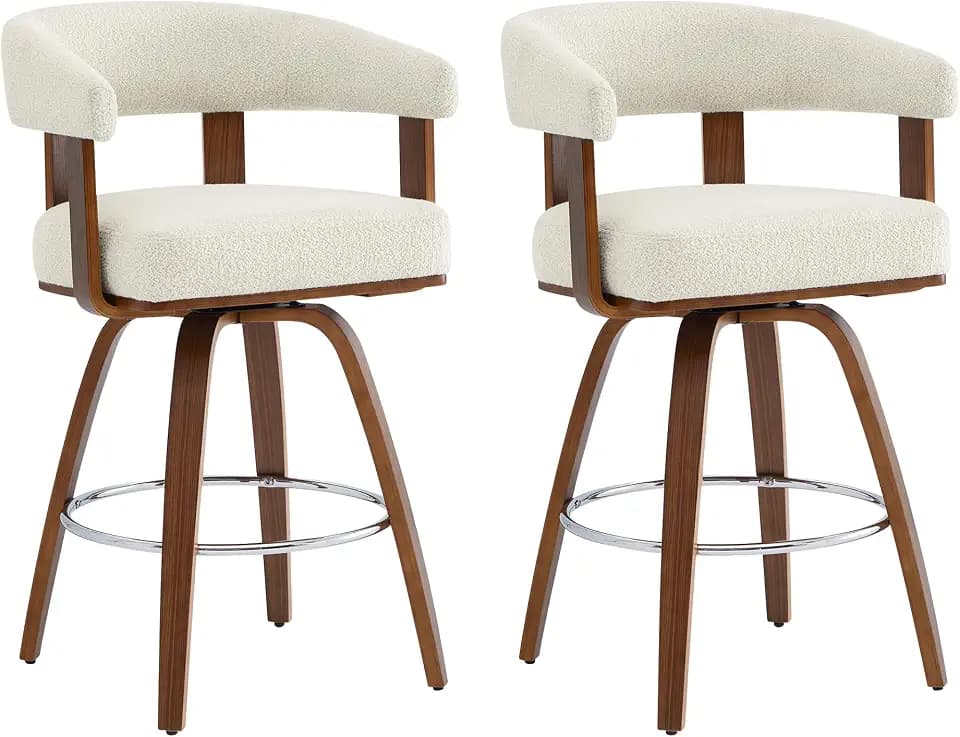 CHITA Swivel Counter Height Barstools Set of 2, FSC Certified Polyester Upholstered Bar Stools with Back and Armrest for Kitchen Island Home Bar, 27" Seat Height, Cream with Walnut Frame