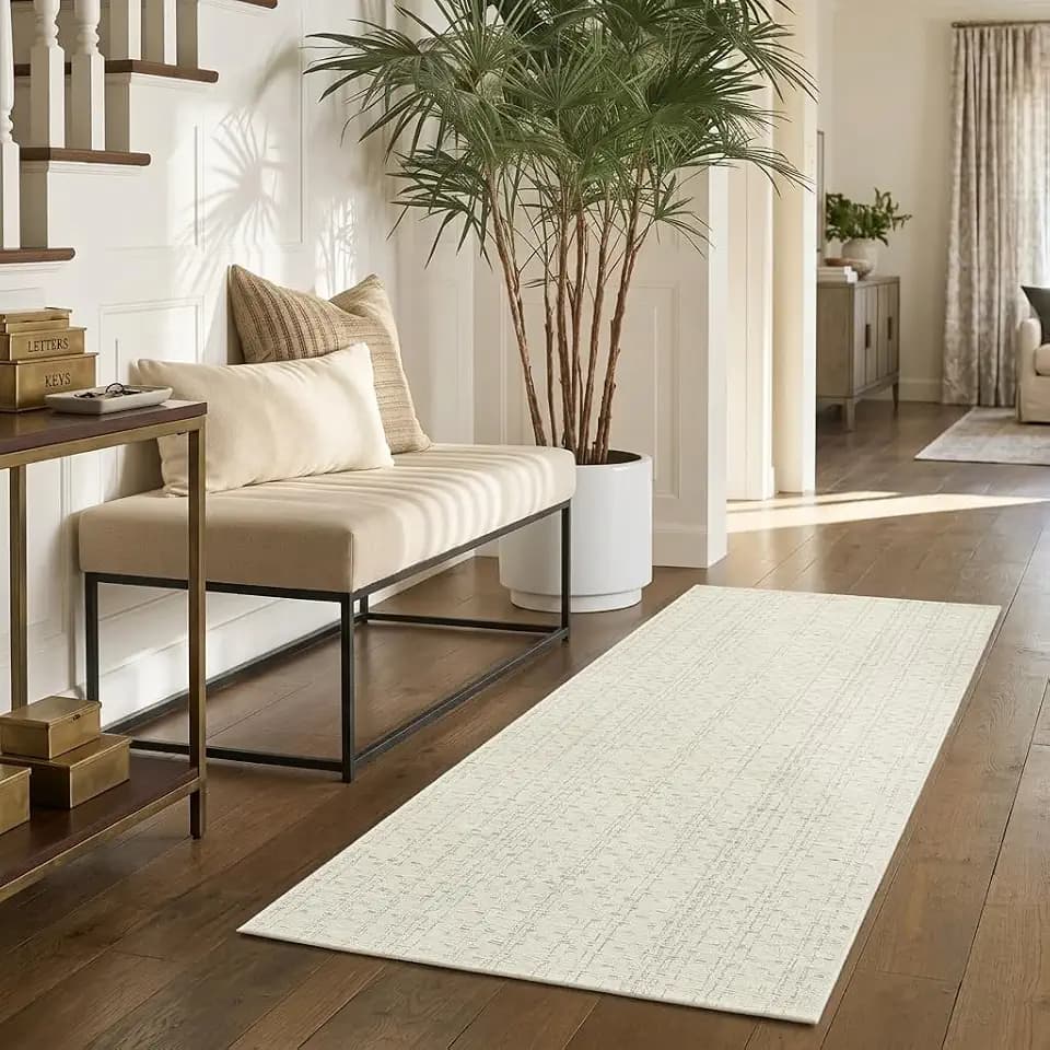 Beige Runner Rug, 2x4.3 Hand Woven Washable Thin Bathroom Rug
